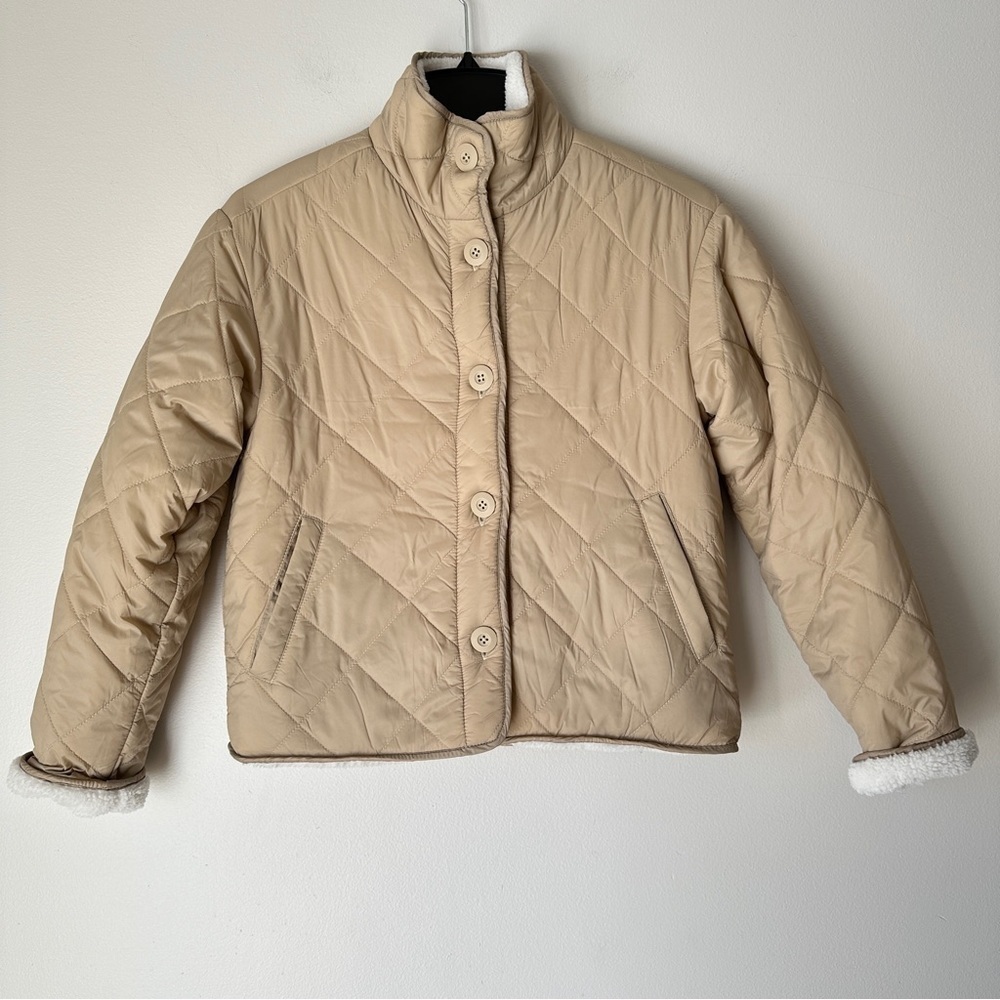 New! joie Quilted Tan Cream Reversible Nylon - white Sherpa Button Jacket XS